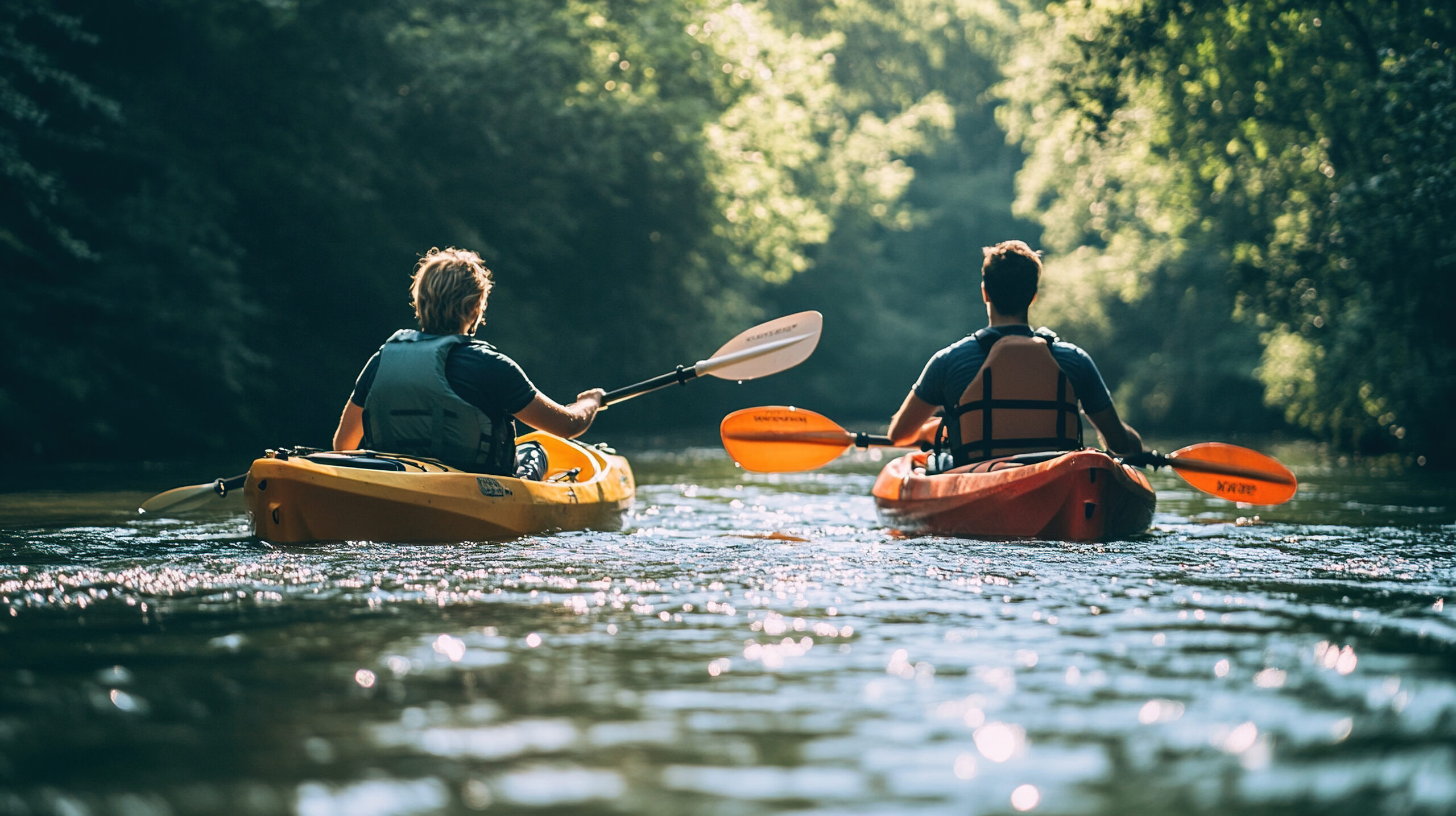Couple en kayak sur une rivière bordée d'arbres
