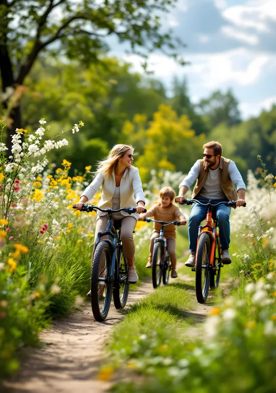 Famille à vélo sur un chemin fleuri